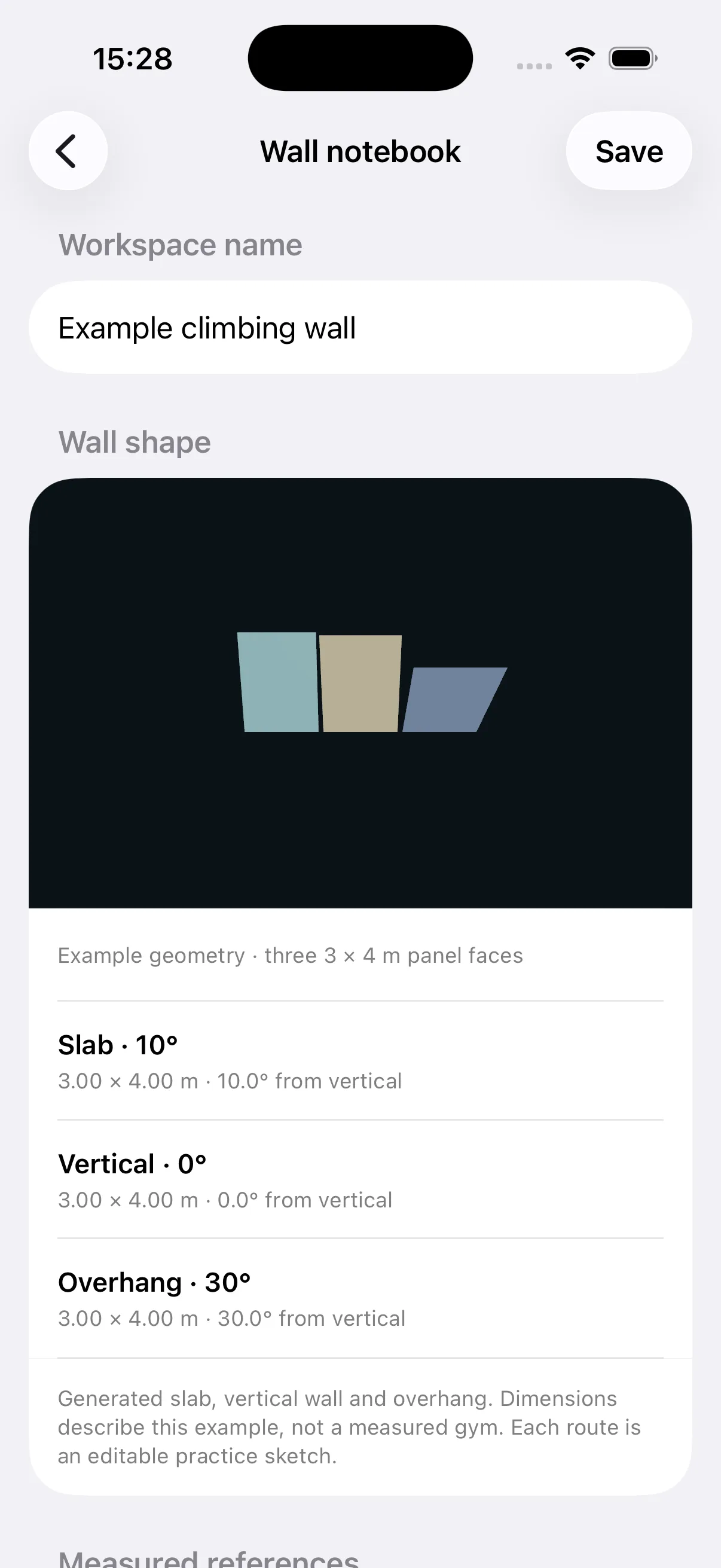 The 3D Scanner climbing wall notebook showing synthetic slab, vertical and overhang panels with their dimensions and angles.