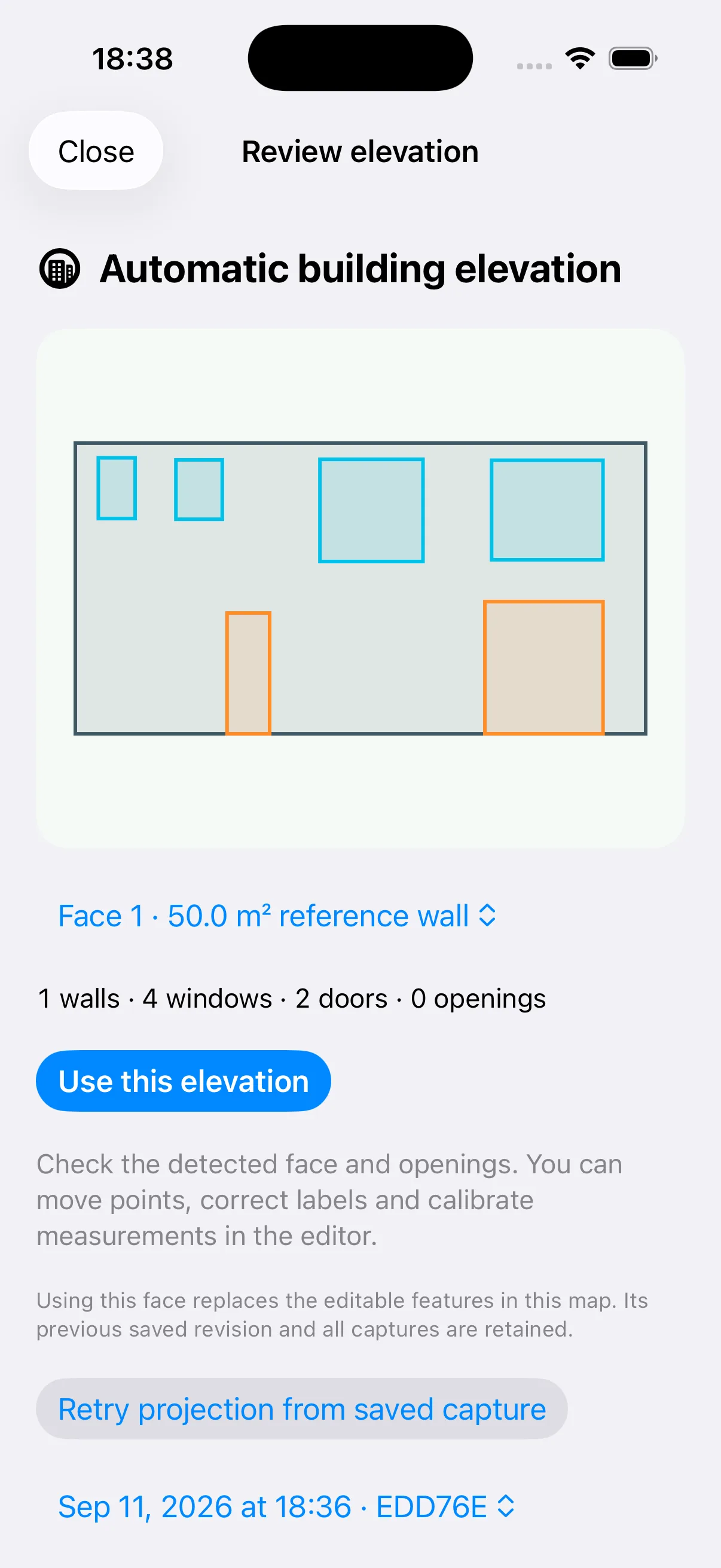 The 3D Scanner building-elevation review showing one wall, four windows and two doors as an editable flat projection.