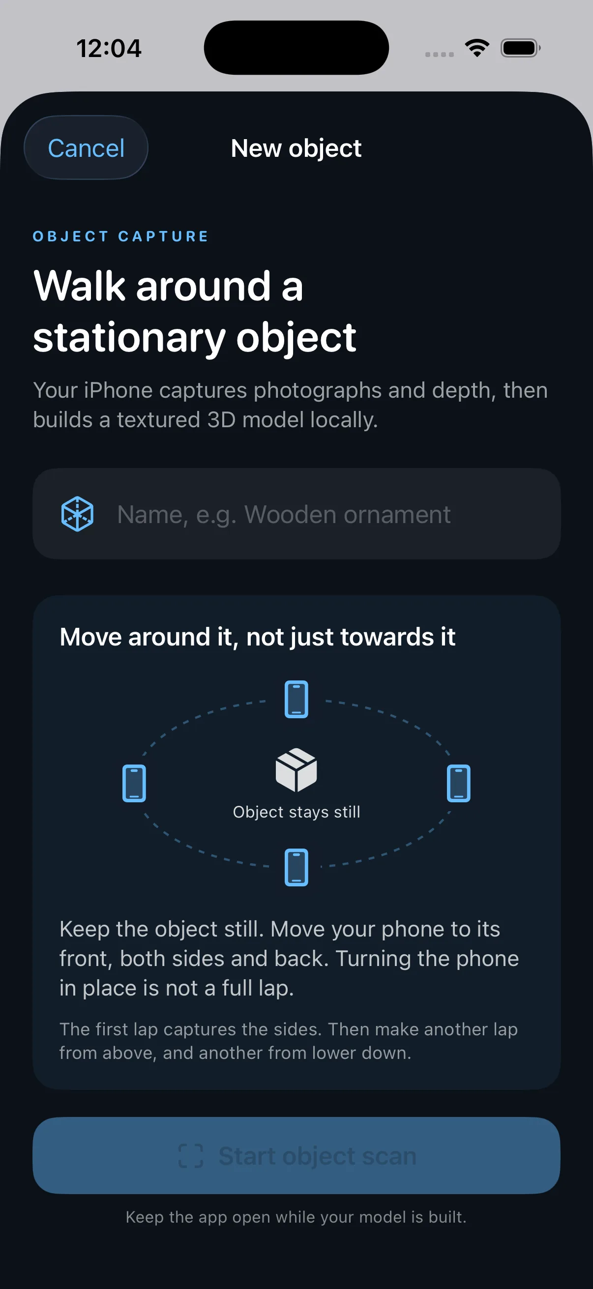 The New object screen explains three passes around a stationary object before local model building begins.