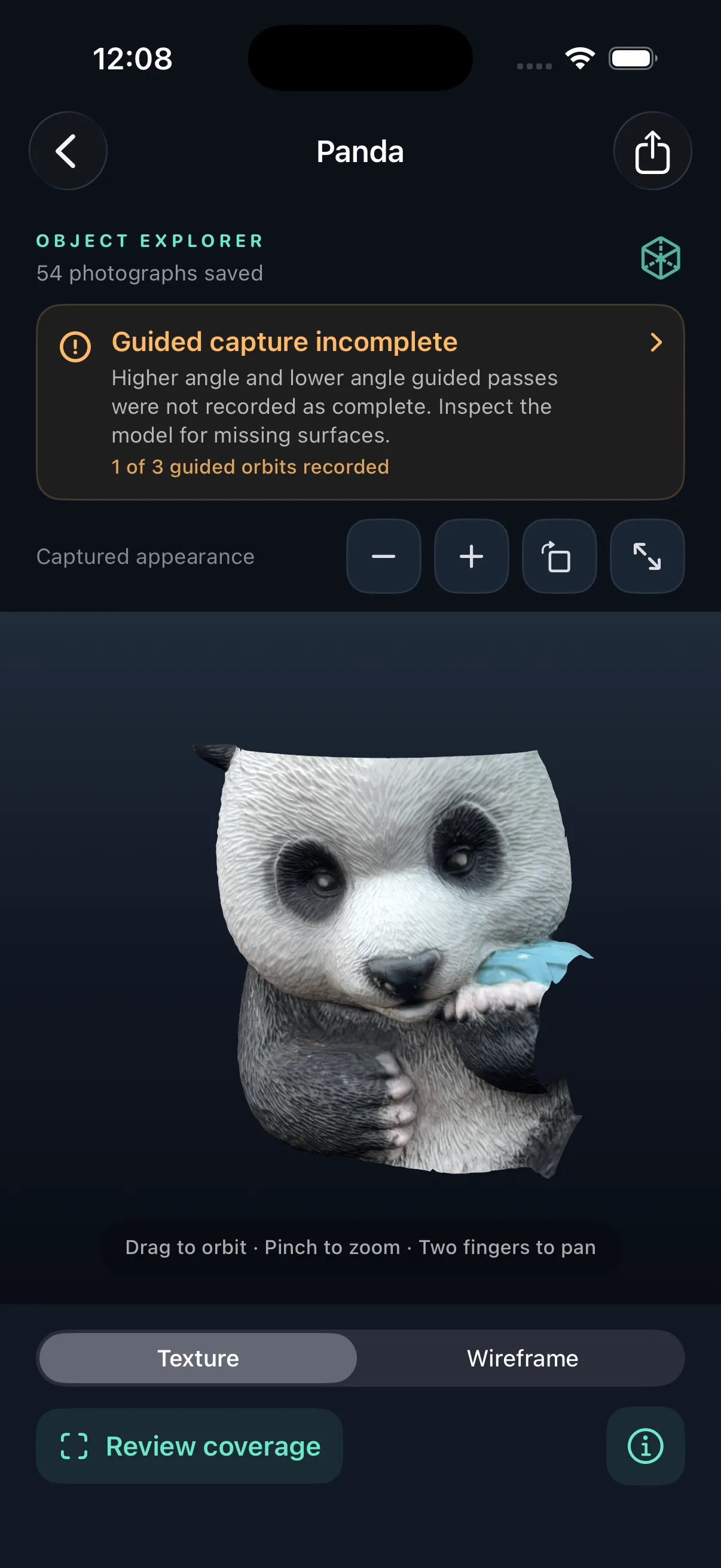 The 3D Scanner Object Explorer showing a textured reconstruction of a small panda figure and a warning about incomplete capture coverage.