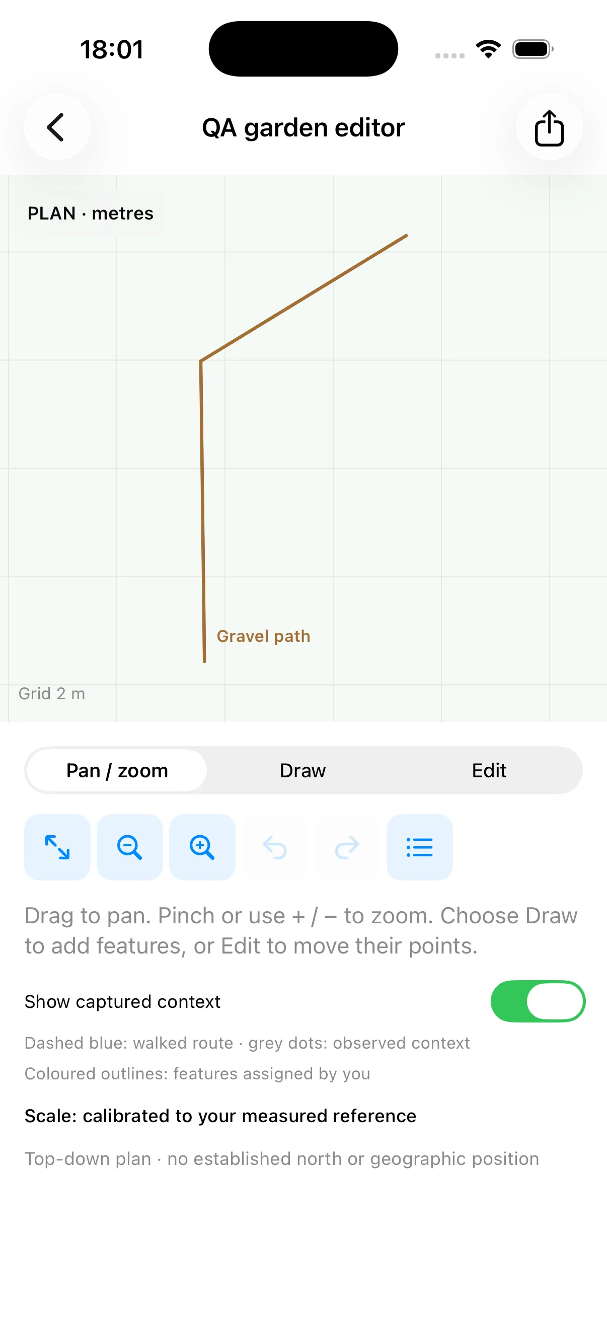 The 3D Scanner site-map editor showing a synthetic gravel path as an editable line drawing on a metre grid.