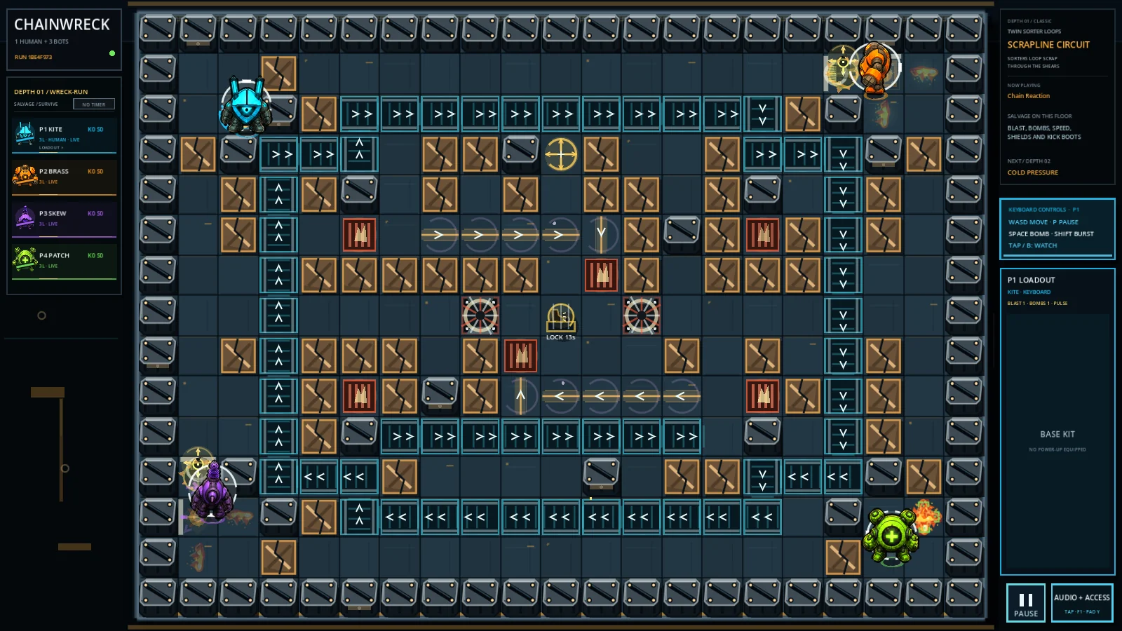 CHAINWRECK 2D arena during a match, with bombs, players, barriers and conveyors.