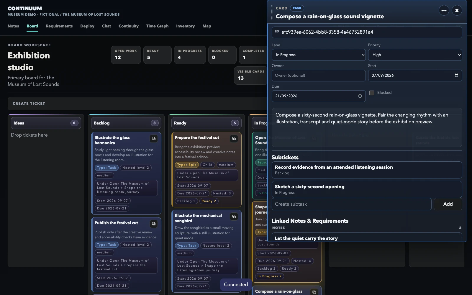 The real Continuum board with a sound-composition task and subtasks in The Museum of Lost Sounds, a fictional creative demo workspace.