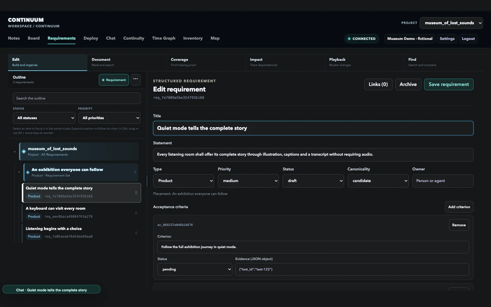 The real Continuum Requirements view showing a complete story without audio for The Museum of Lost Sounds, a fictional creative demo workspace.