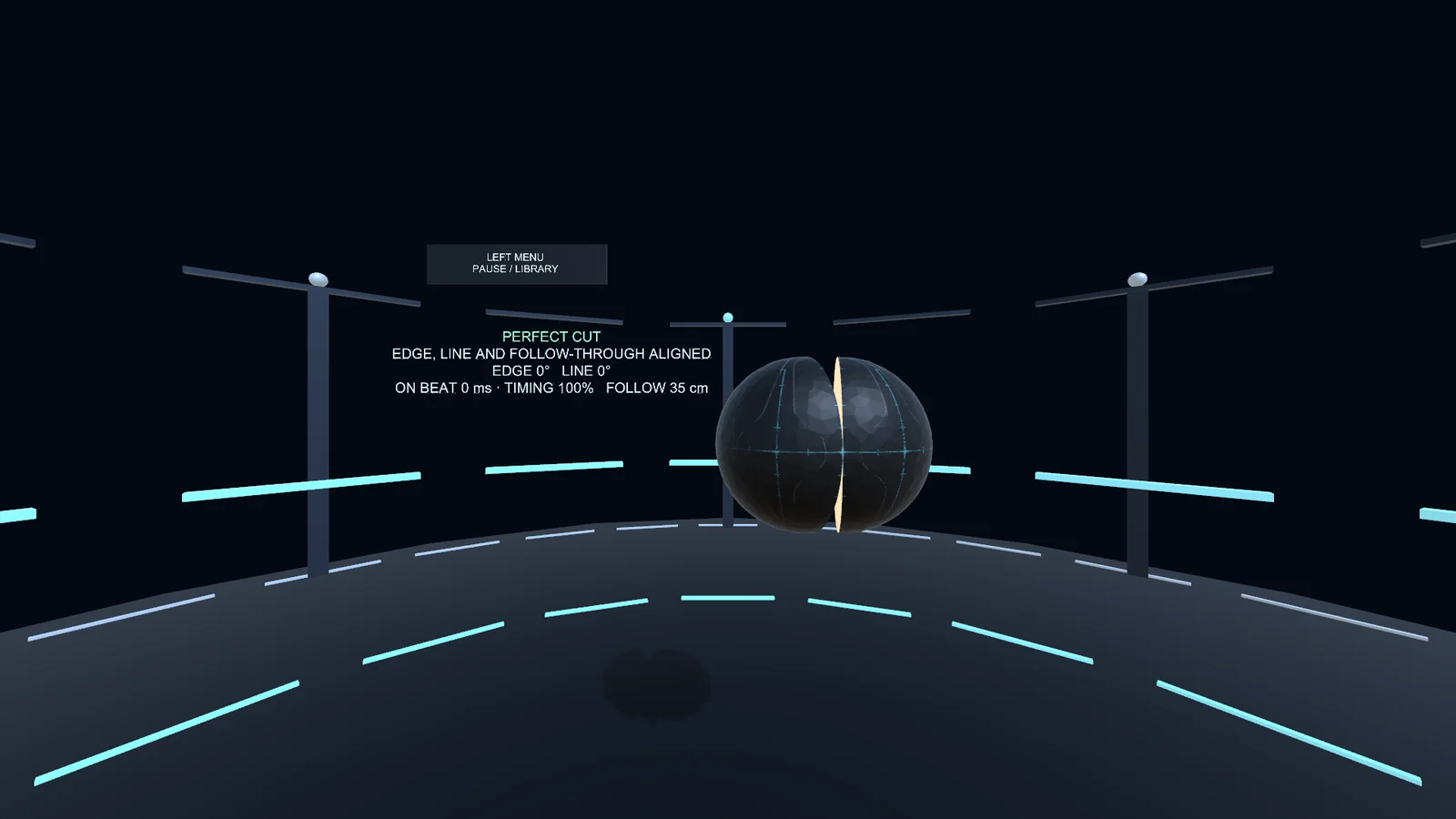 Edge Alignment diagnostic scene showing a timed sword cut and its timing result.