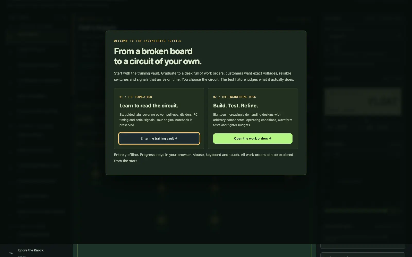 GHOSTPIN's opening choice between the six-lab training vault and the eighteen-order engineering desk.