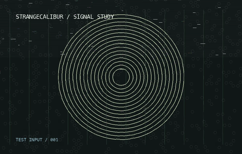 Fragmented rings and text produced by the Glitch Image Tool from an original geometric test card.