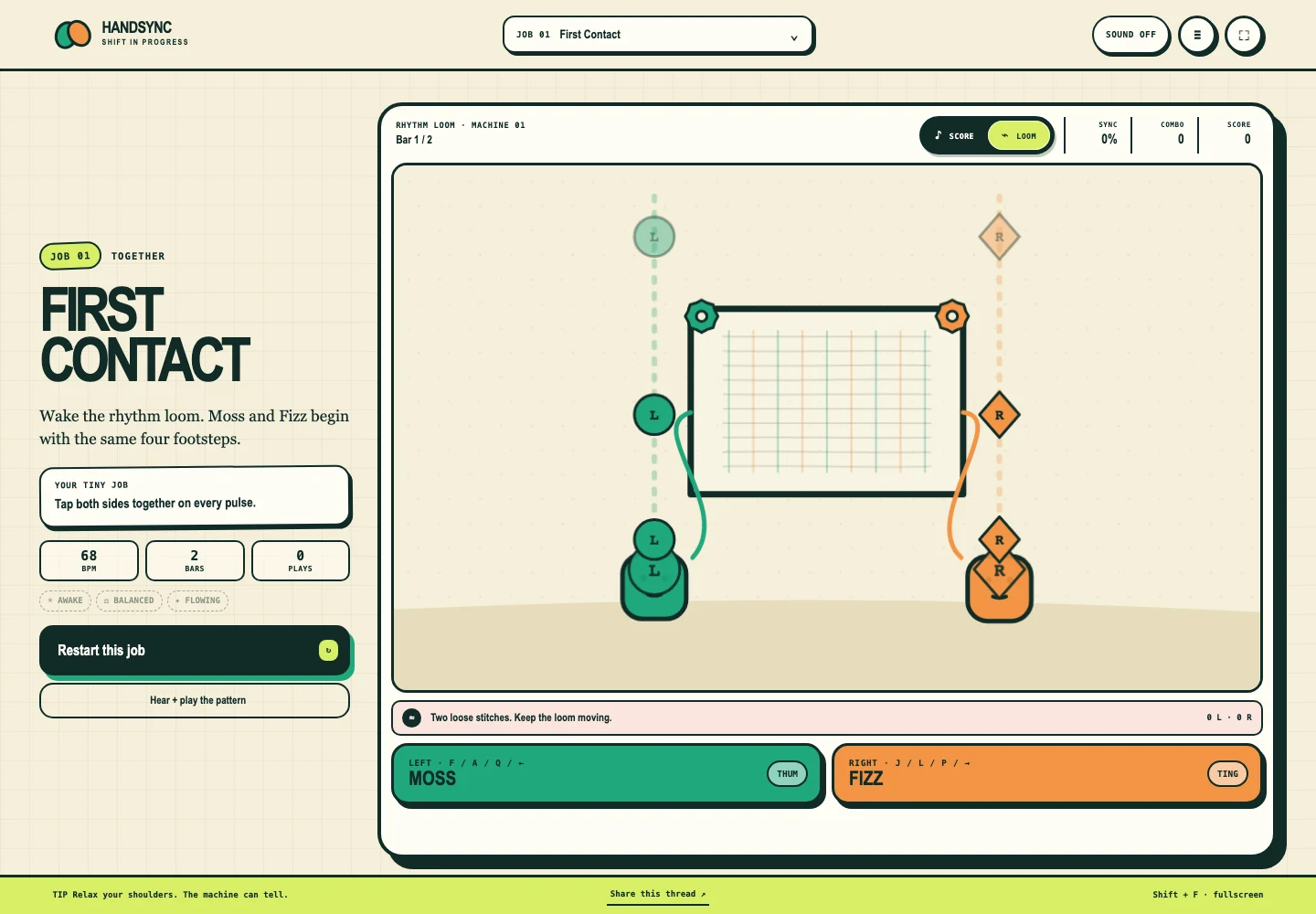 HandSync First Contact exercise with separate green and orange rhythm tracks.
