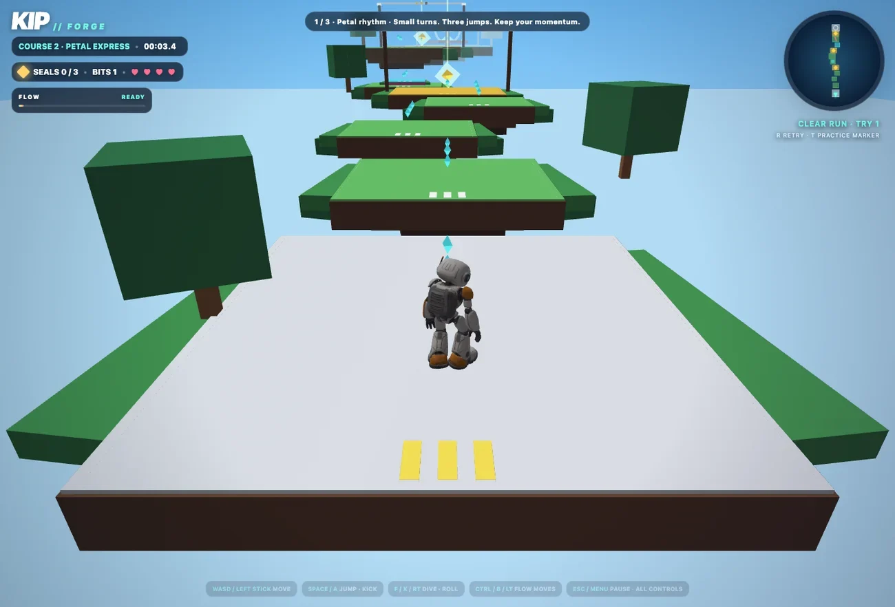 KIP platforming course with the player, platforms and the route through the scene.
