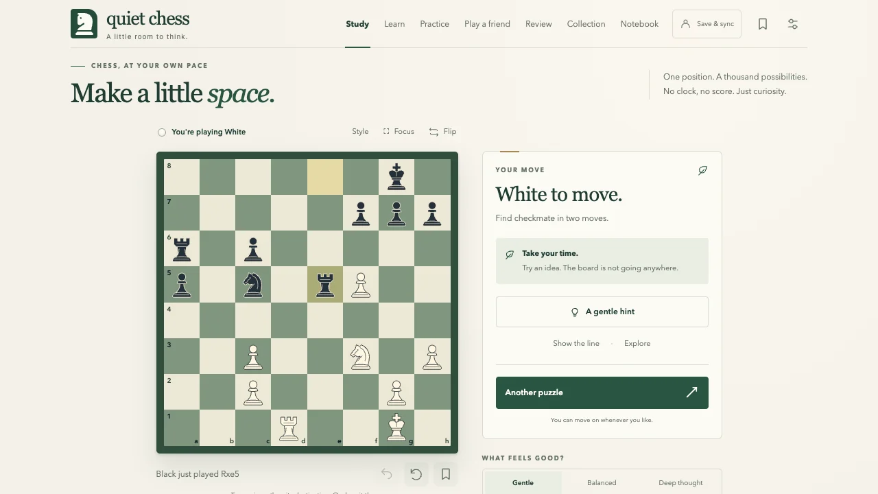 Quiet Chess practice board with a White-to-move coaching panel.