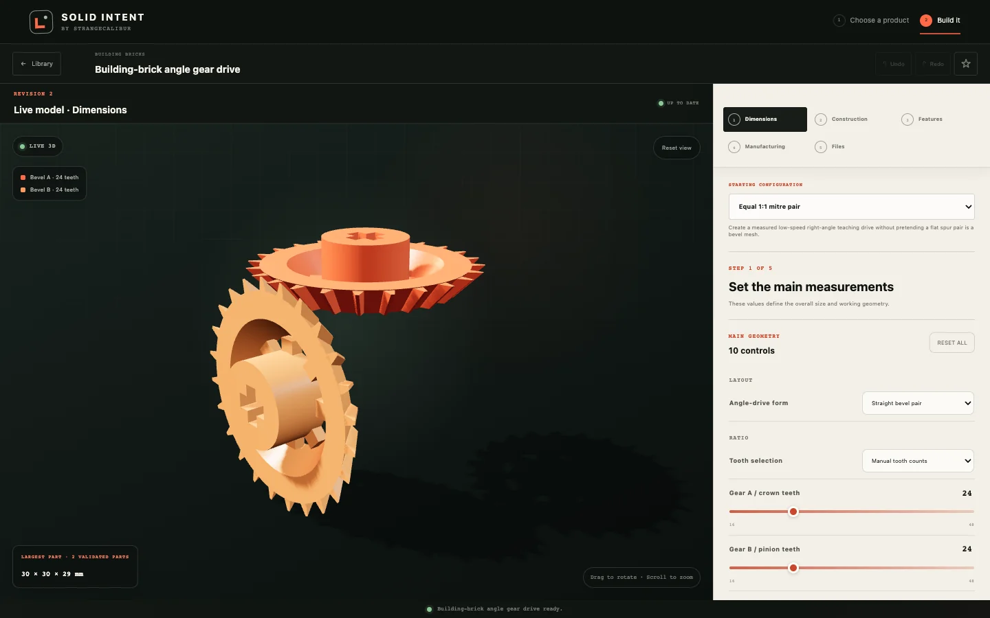 Solid Intent browser workbench showing a generated angled mechanical part.