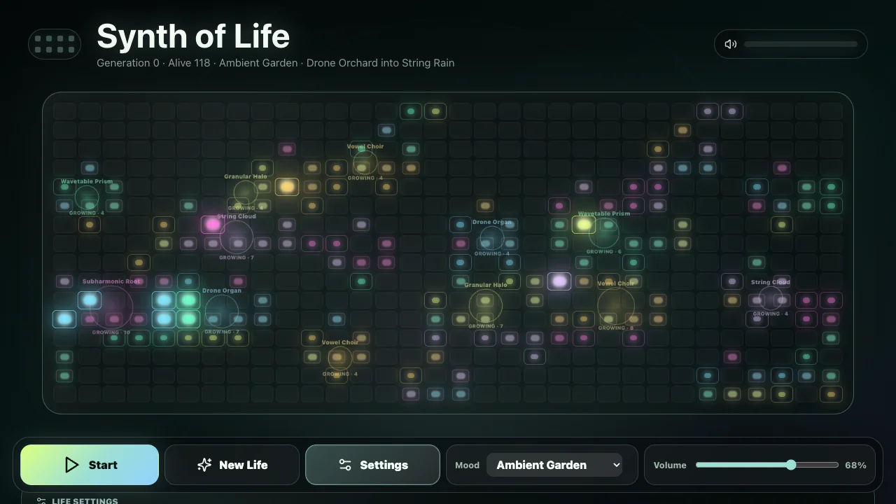Synth of Life showing a luminous cell grid with playback and sound controls.