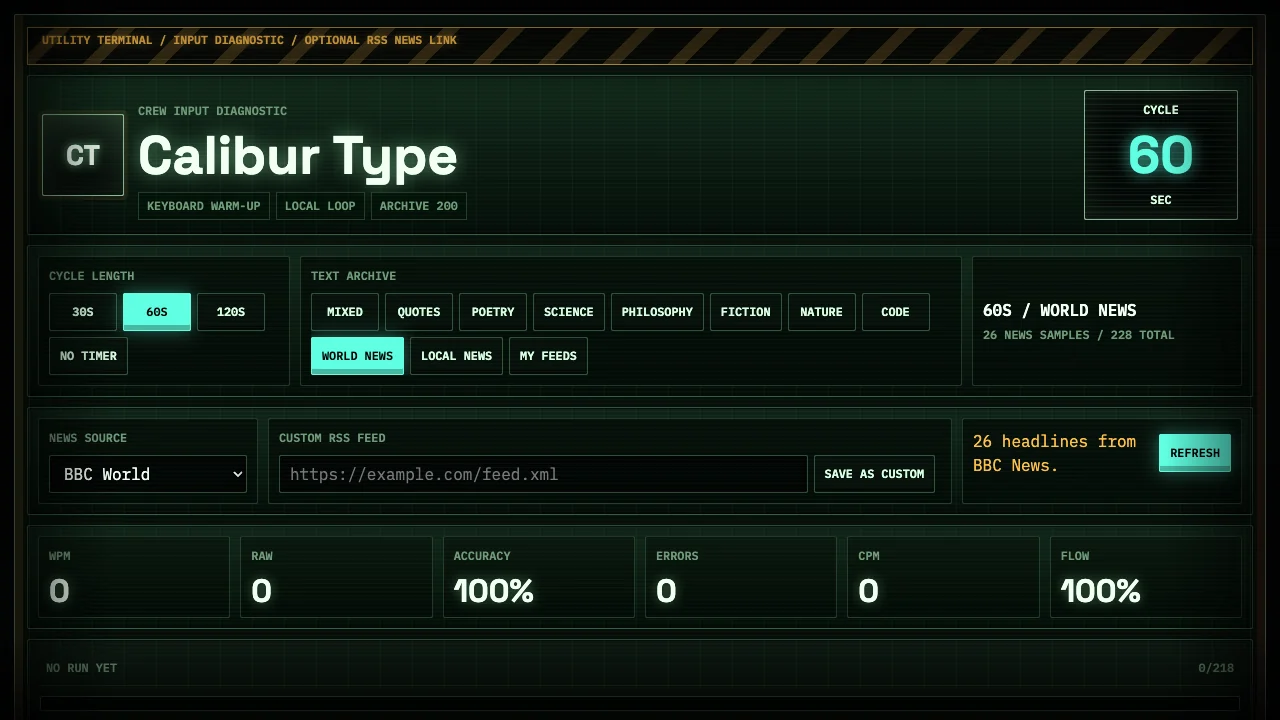 Calibur Type practice workspace with text-source options and zeroed session measurements.